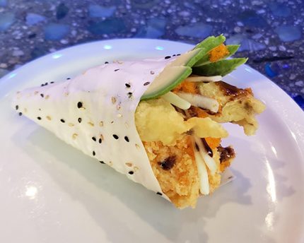 Cucumber, avocado, a crunchy shrimp blend with spicy mayo, sweet sauce and chilly oil, wrapped in soy paper.