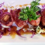 6 bacon wrapped scallops, baked and drenched with teriyaki sauce