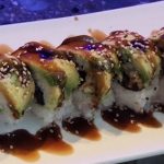 Inside: freshwater eel and cucumber
Outside: avocado drizzled with sweet sauce