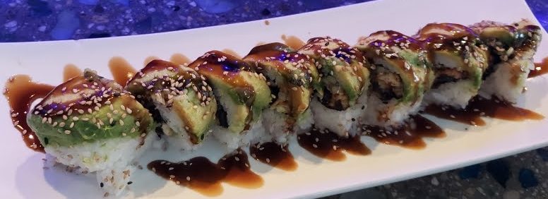 Caterpillar Roll Go Fish Sushi Bar - Simi Valley, CA Inside: freshwater eel and cucumber
Outside: avocado drizzled with sweet sauce