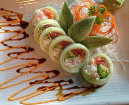 Inside: Tuna, Salmon, Albacore, Crab, and Avocado
Outside: Cucumber wrapped

**FISH SUBSTITUTION EXTRA CHARGE**