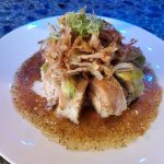 Inside: spicy crab, shrimp tempura
Outside: seared albacore, avocado, garlic sauce, french onions