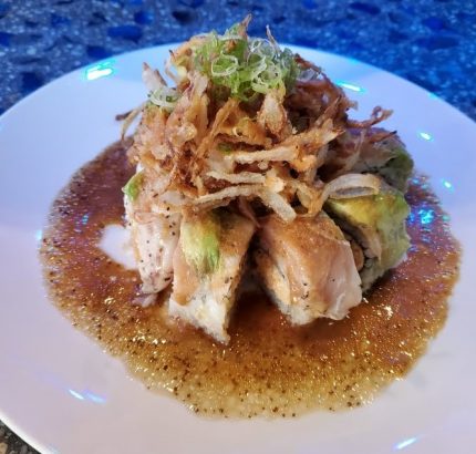 Inside: spicy crab, shrimp tempura
Outside: seared albacore, avocado, garlic sauce, french onions