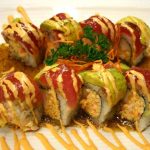 Inside: shrimp tempura and spicy crab
Outside: fresh tuna and avocado, drizzled with ichi sauce and spicy mayo