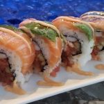 Inside: spicy tuna, shrimp and cucumber
Outside: salmon, avocado, red onion, spicy mayo sauce and ichi sauce