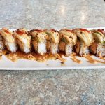 Inside: spicy tuna, spicy crab, shrimp tempura
Outside: seared white tuna, ichi sauce, spicy mayo, siracha, chili flakes
