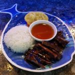 Served with rice and two pieces of sweet potato tempura