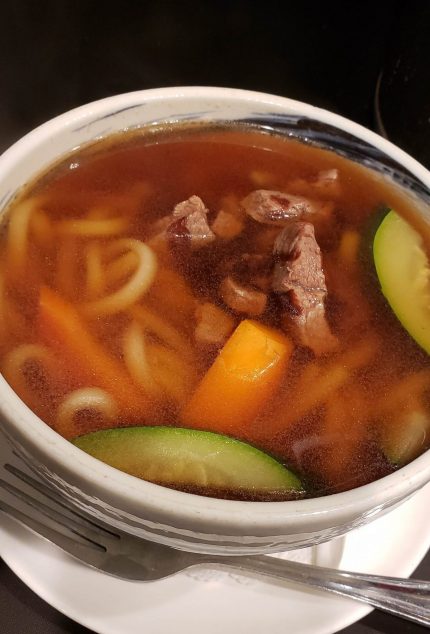 Large udon noodles in a light broth and assorted vegetables.

Grilled beef, chicken, or shrimp available!