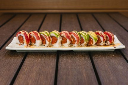 Inside: spicy tuna and cucumber
Outside: fresh tuna and avocado drizzled with a spicy mayo and Ichi sauce