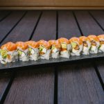 Inside: fresh salmon, cream cheese, and avocado
Outside: fresh salmon