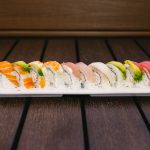 Inside: crab, cucumber and avocado
Outside: five different kinds of fresh fish