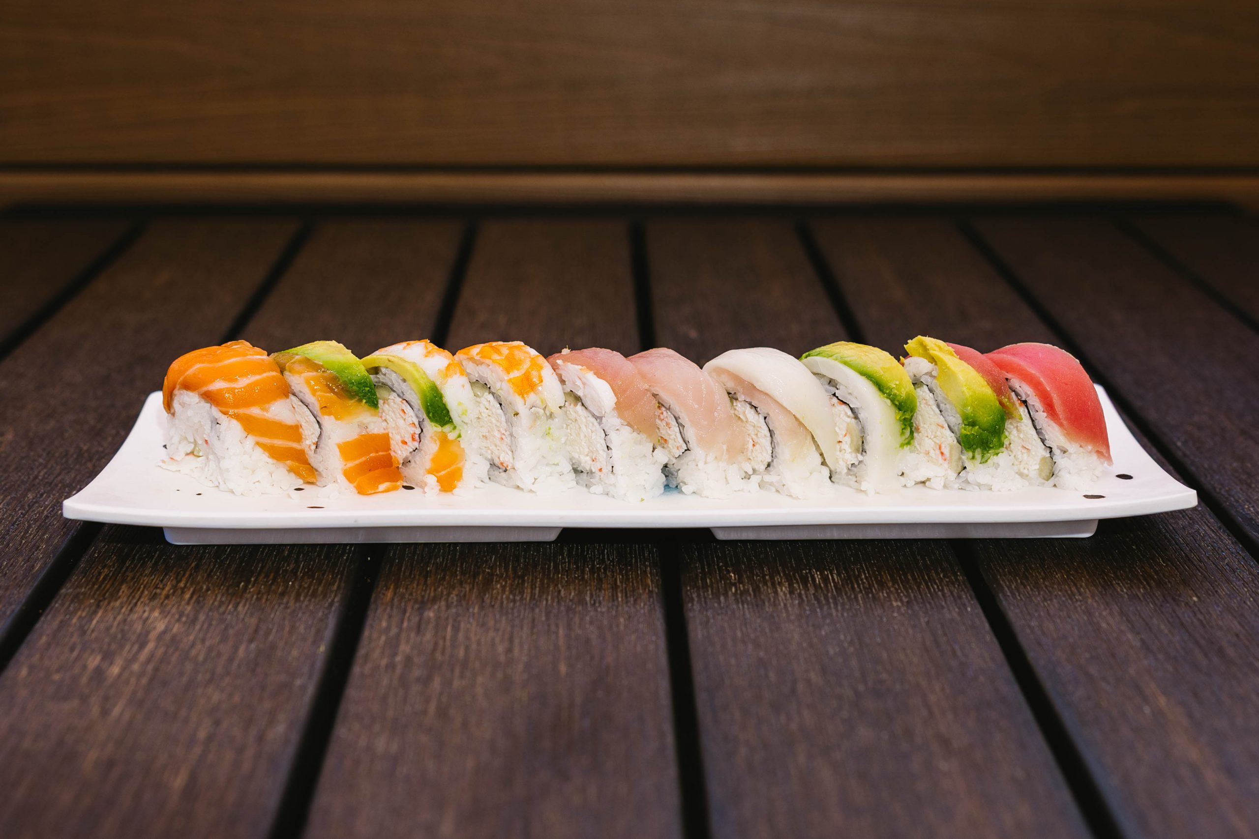 Rainbow Roll Go Fish Sushi Bar - Simi Valley, CA Inside: crab, cucumber and avocado
Outside: five different kinds of fresh fish