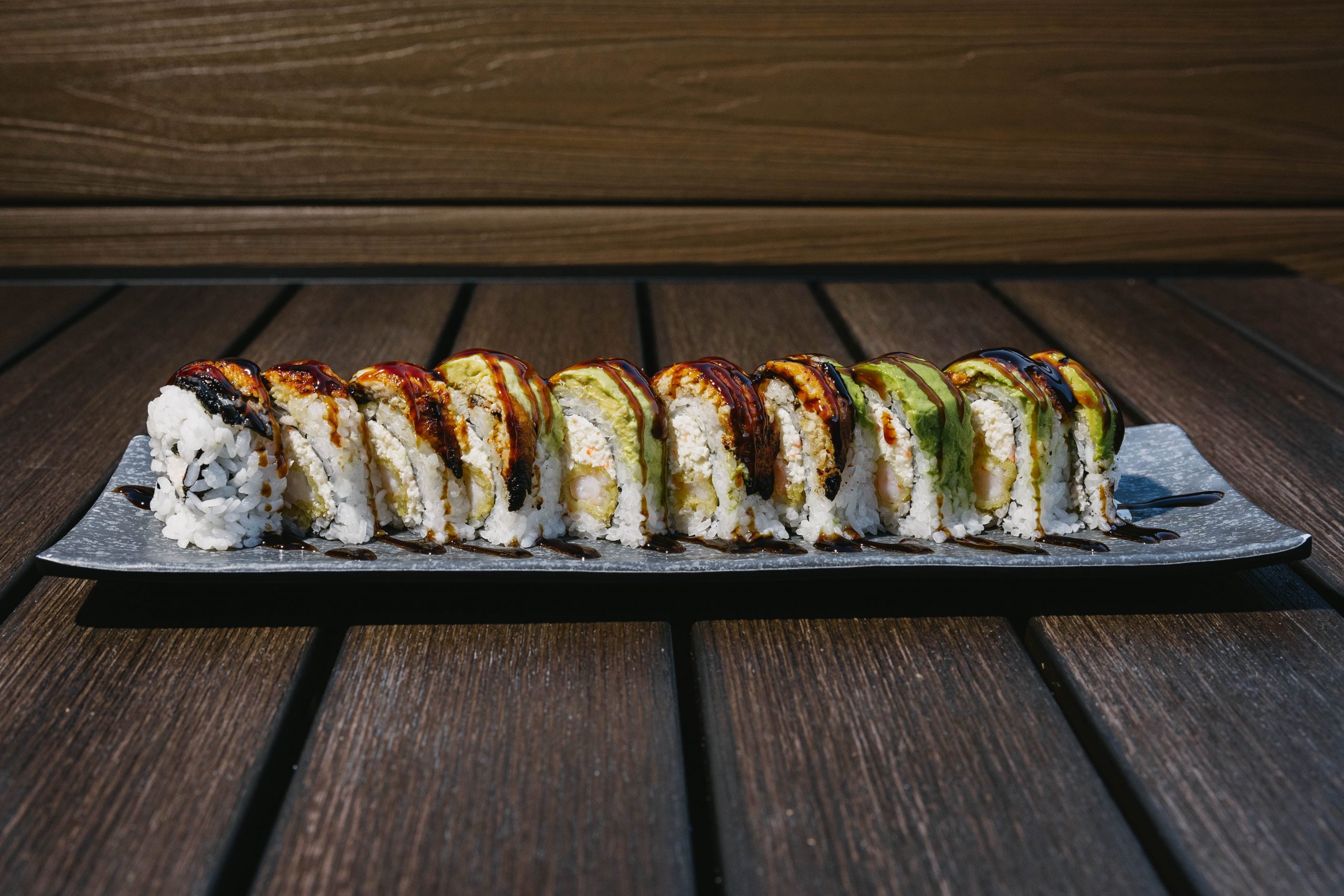 Go Fish Roll Chef's Favorite Go Fish Sushi Bar - Simi Valley, CA Inside: shrimp tempura, crab meat, avocado and cucumber Outside: freshwater eel and avocado drizzled with sweet sauce