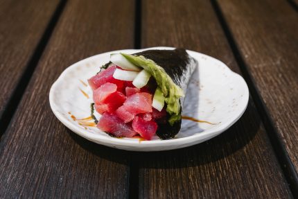 Served in seaweed with a rice wrap. Soy paper substitution is 1.00 extra